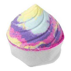 Unicorn Poop. An ice cream-shaped bath bomb with a white base and a swirl design that is bursting with pastel rainbow colours.